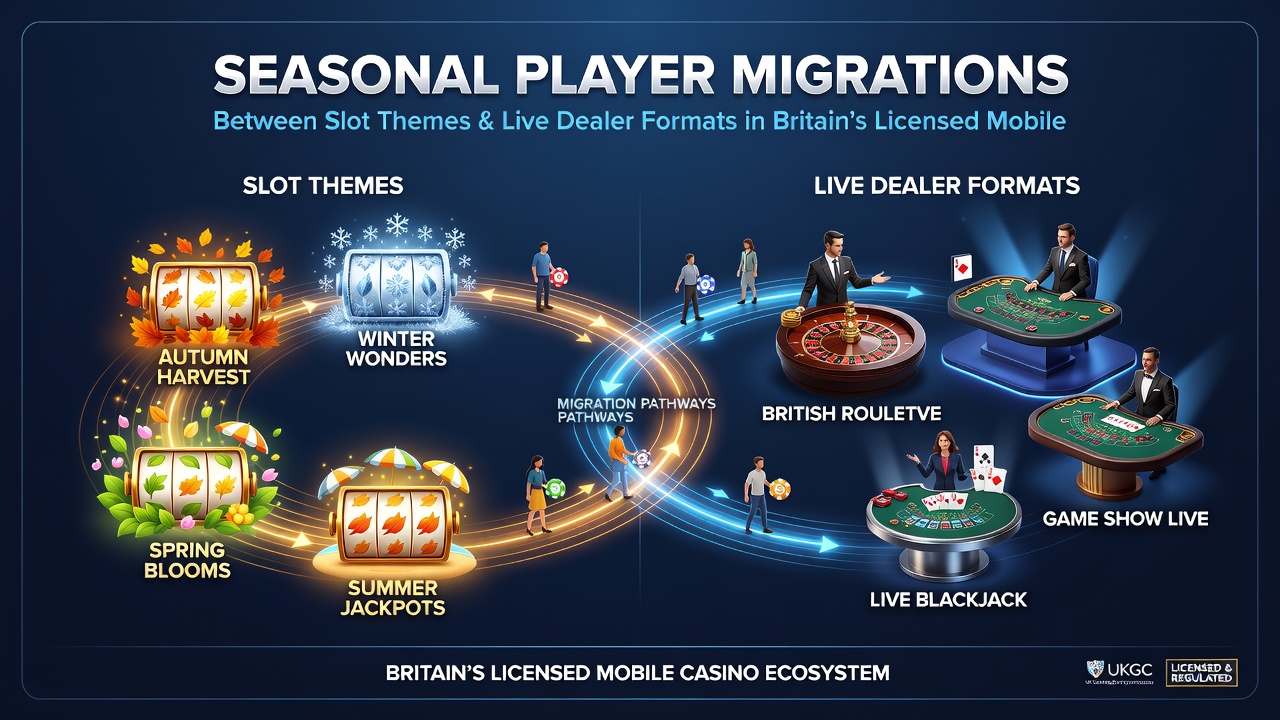 Live dealer table on mobile screen alongside seasonal slot carousel in a British licensed gaming app